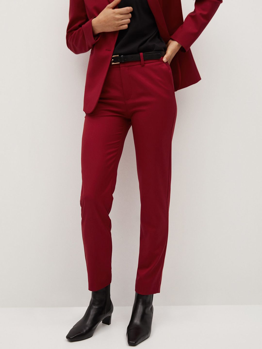 MANGO Women Maroon Regular Fit Solid Formal Trousers