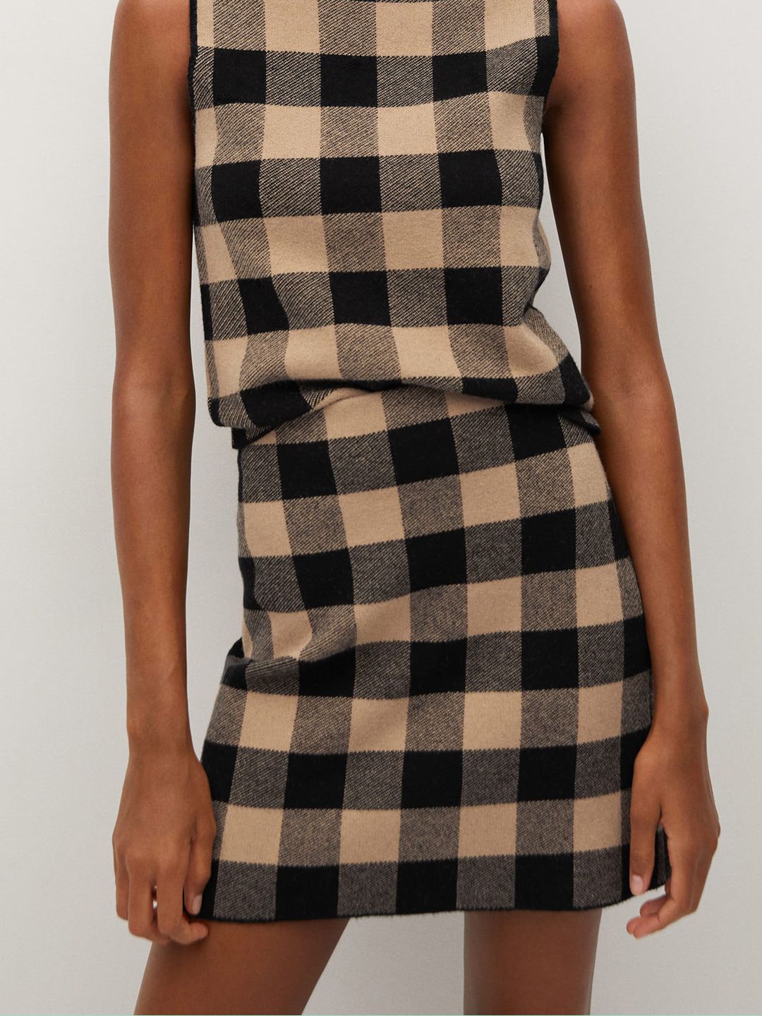 MANGO Women Black & Beige Checked Mini A-Line Skirt