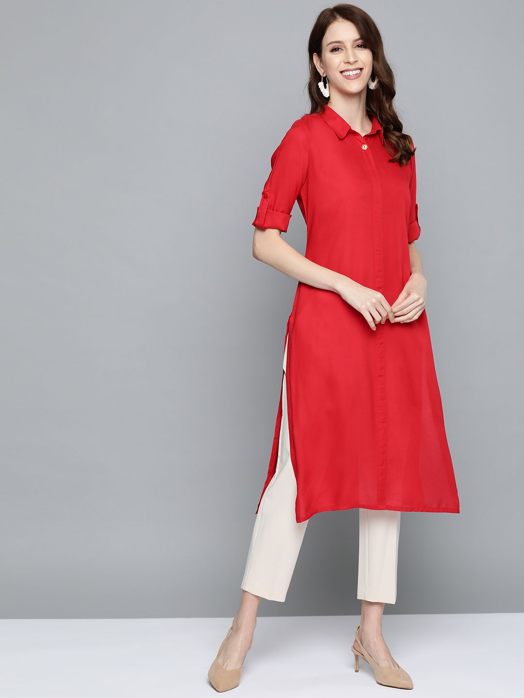 HERE&NOW Women Red Solid Pathani Kurta Price in India
