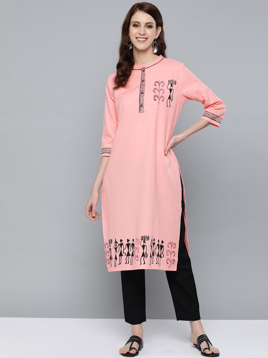 HERE&NOW Women Pink & Black Quirky Block Printed Straight Kurta Price in India