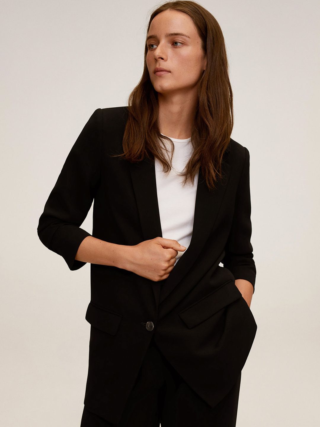 MANGO Women Black Sustainable Solid Single-Breasted Longline Blazer