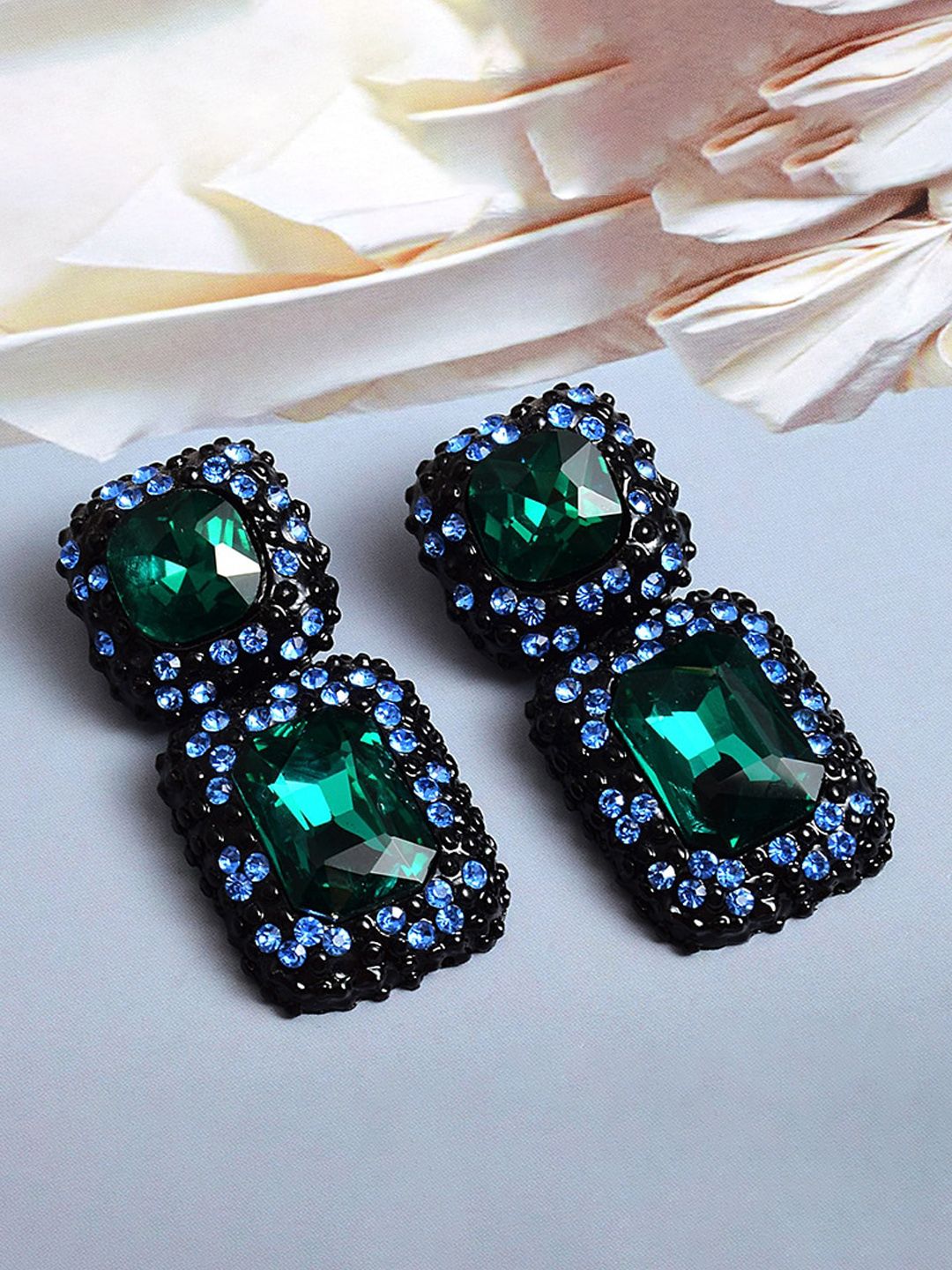 YouBella Green & Black Stone-Studded Geometric Drop Earrings Price in India