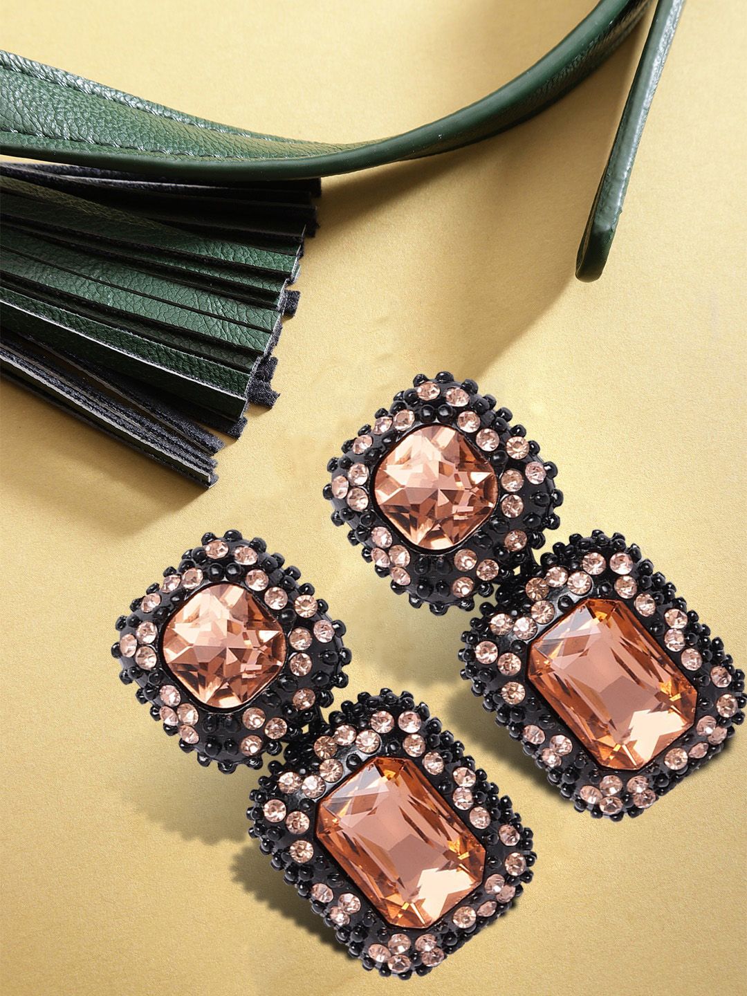 YouBella Peach-Coloured & Black Stone Studded Geometric Drop Earrings Price in India