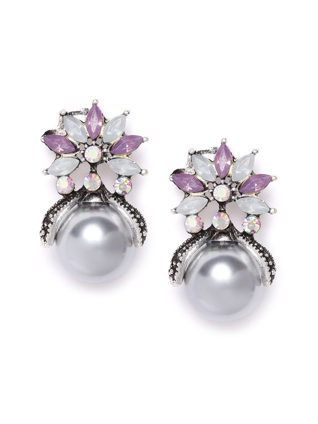 YouBella Purple Silver-Plated Stone-Studded Beaded Spherical Drop Earrings Price in India