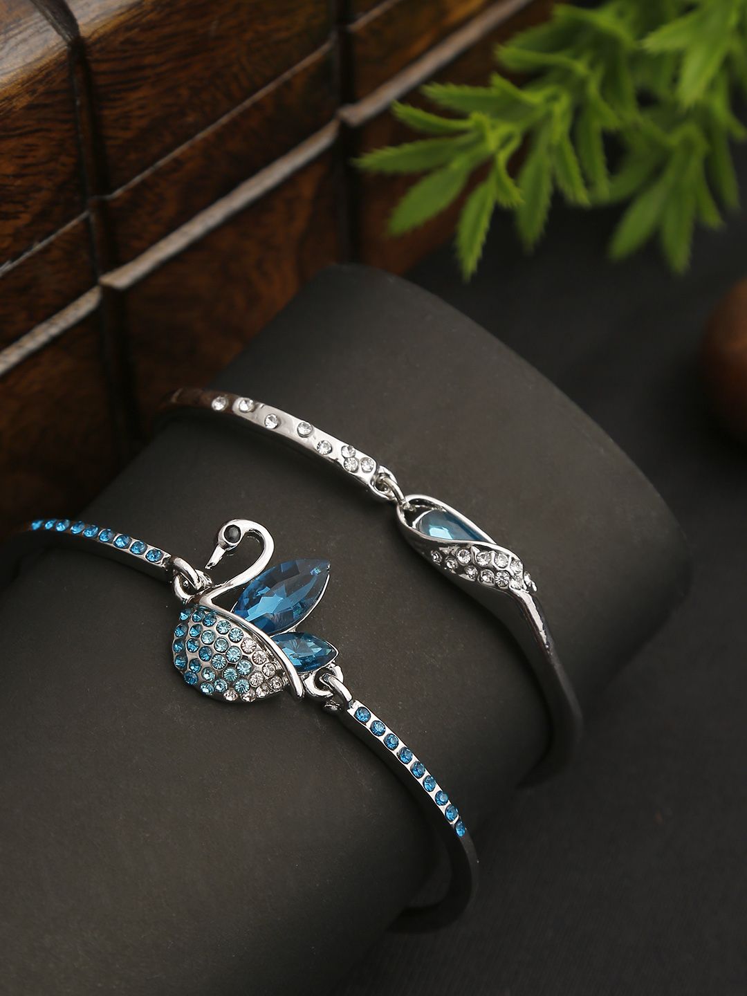 YouBella Women Set of 2 Blue Silver-Plated Stone-Studded Bracelets Price in India