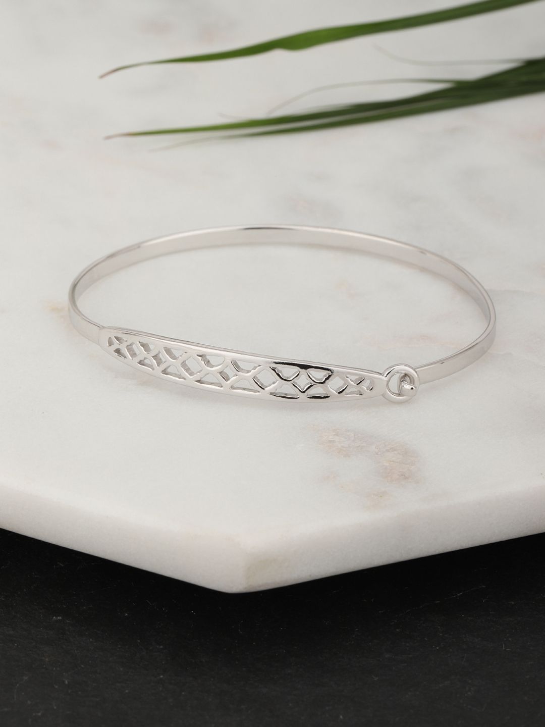 Carlton London Silver-Toned Rhodium-Plated Criss-Cross Cut-Out Bangle-Style Bracelet Price in India