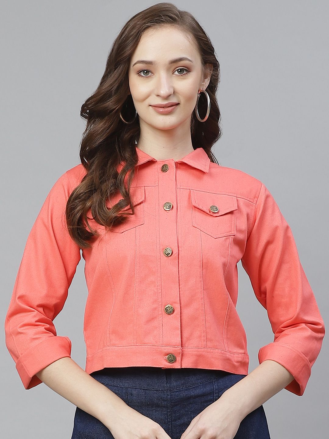 Bhama Couture Women Peach-Coloured Solid Lightweight Denim Jacket Price in India
