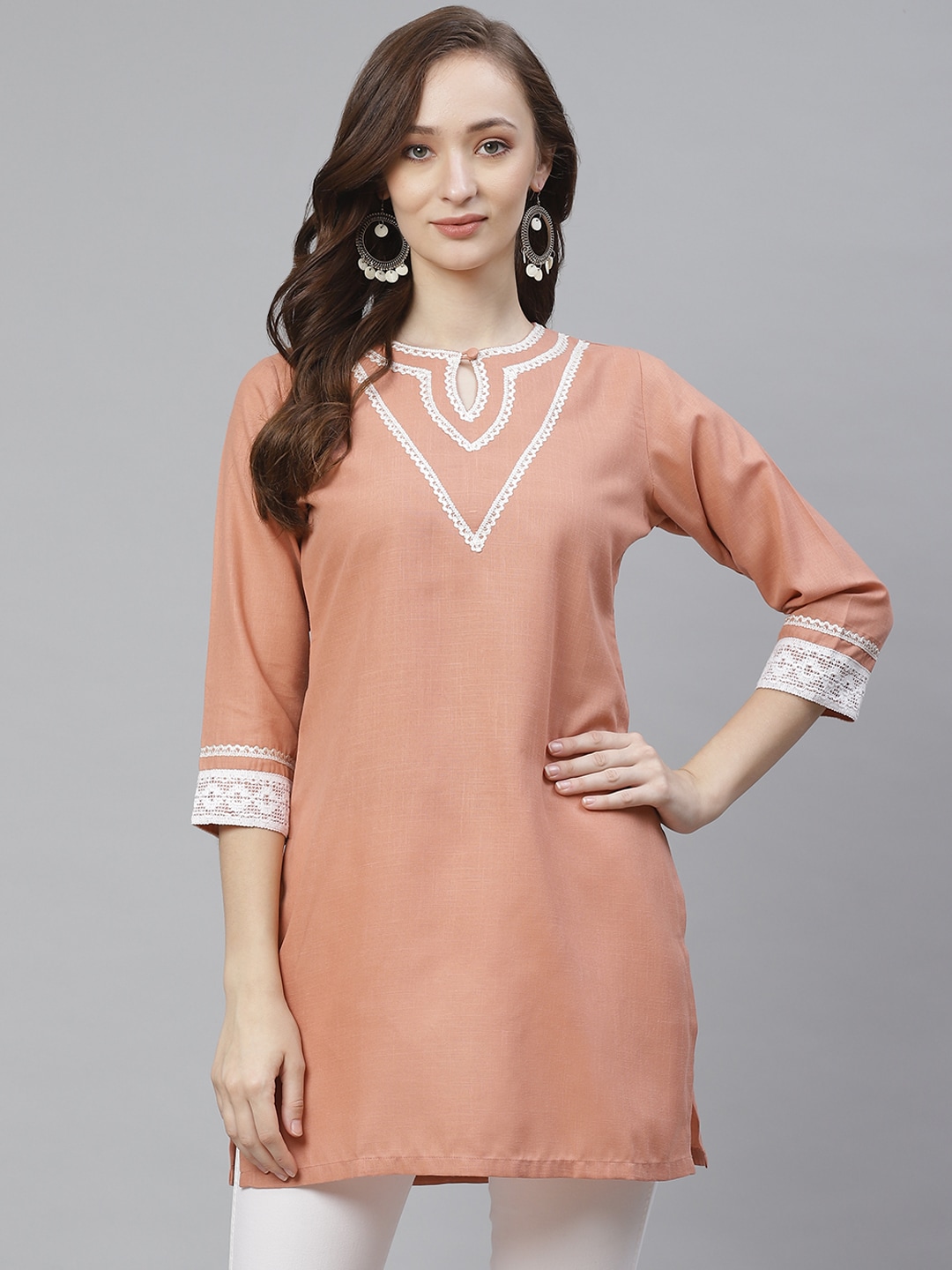 Bhama Couture Peach-Coloured Solid Straight Kurti Price in India
