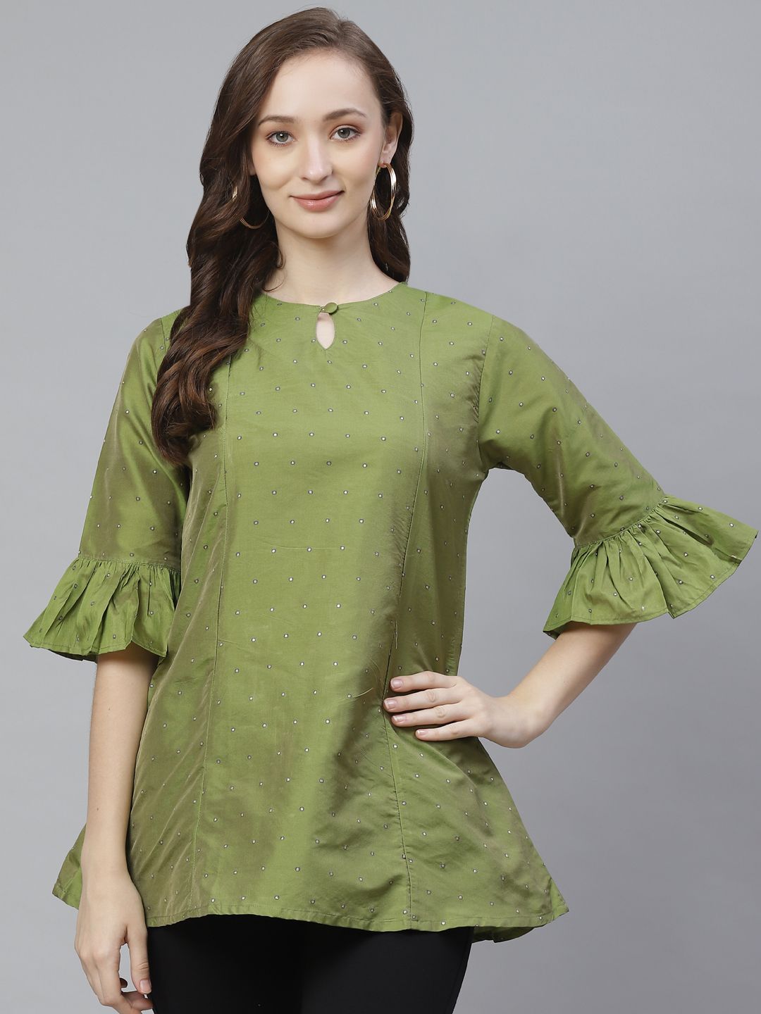 Bhama Couture Women Green & Golden Self Design Tunic Price in India