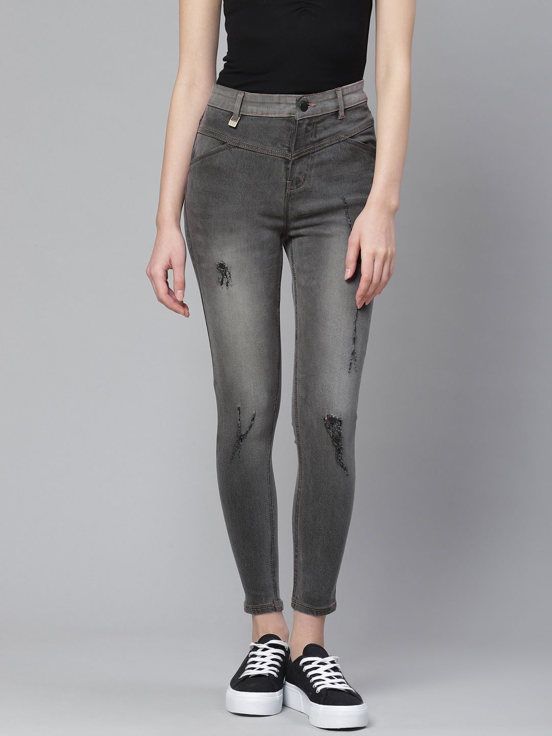 Hubberholme Women Charcoal Slim Fit Mid-Rise Mildly Distressed Stretchable Cropped Jeans Price in India