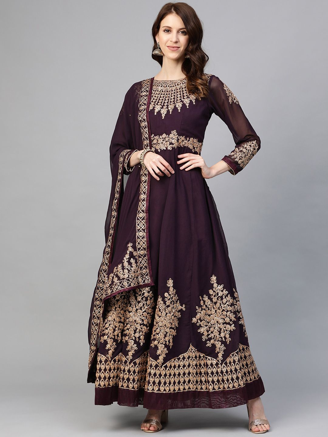 Readiprint Fashions Burgundy & Golden Embroidered Semi-Stitched Dress Material Price in India
