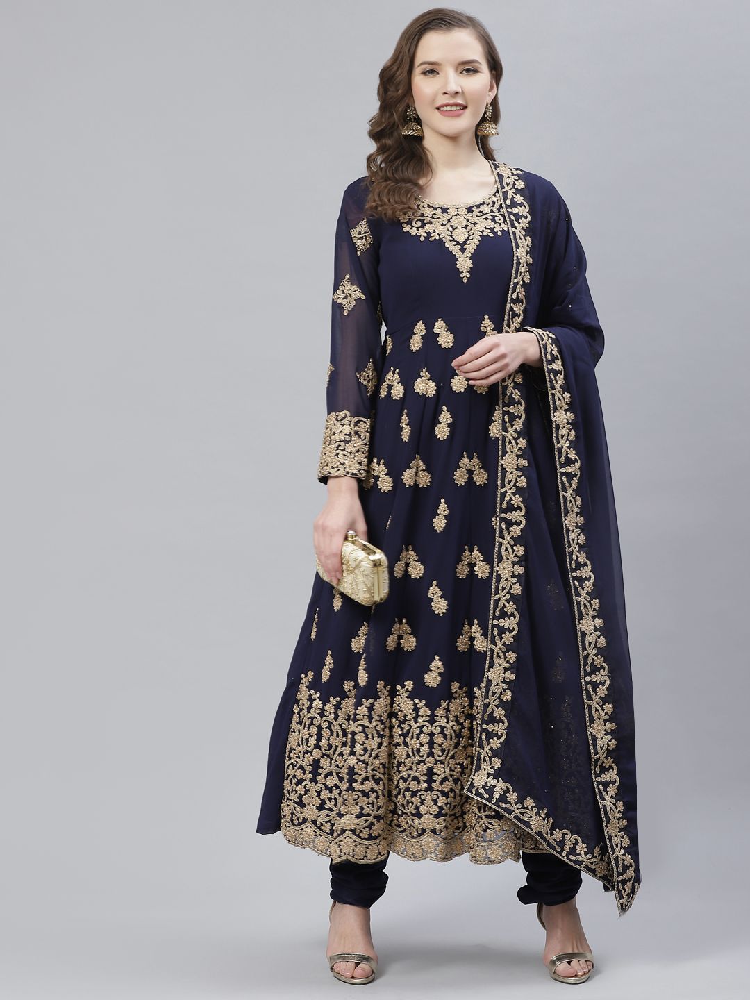 Readiprint Fashions Navy Blue Zari Embroidery Semi-Stitched Dress Material & Dupatta Price in India