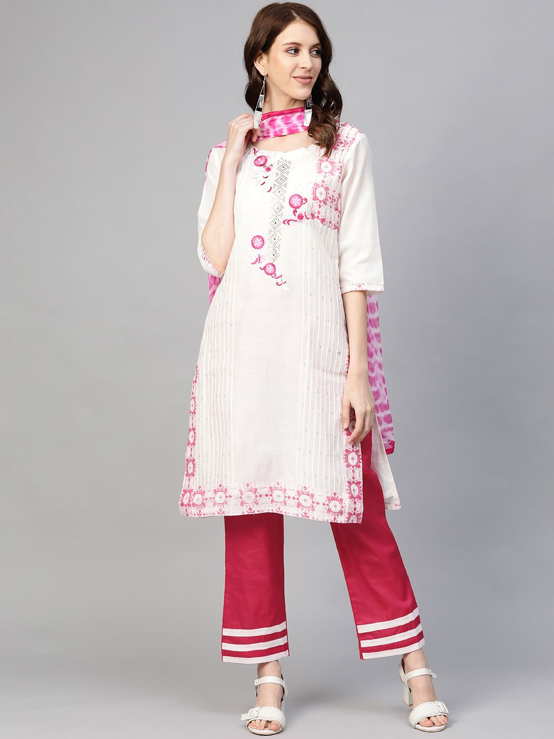 Readiprint Fashions Off-White & Pink Embroidered Unstitched Dress Material Price in India