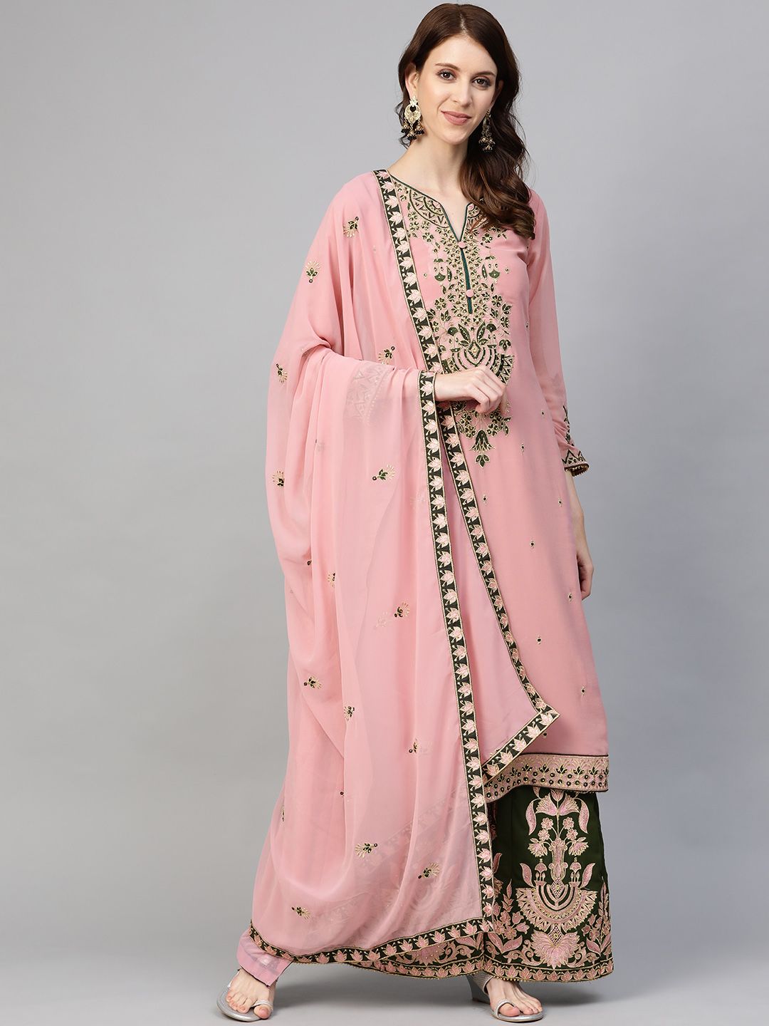 Readiprint Fashions Pink & Olive Green Embroidered Semi-Stitched Dress Material Price in India