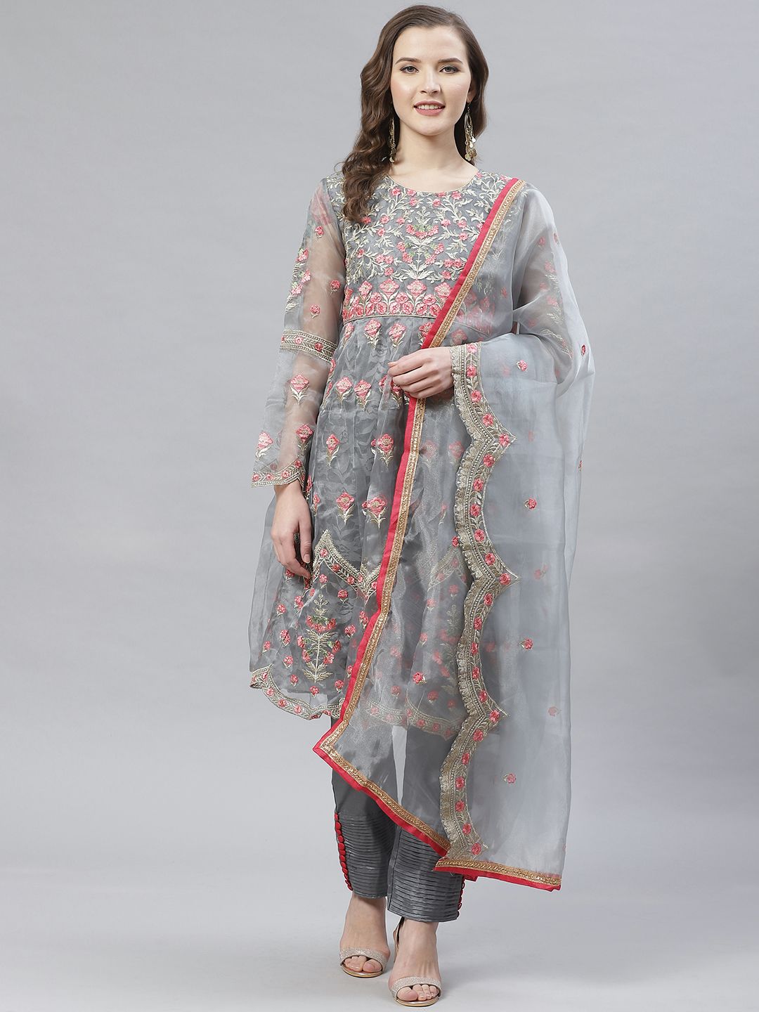 Readiprint Fashions Grey & Pink Zari Embroidered Semi-Stitched Dress Material Price in India