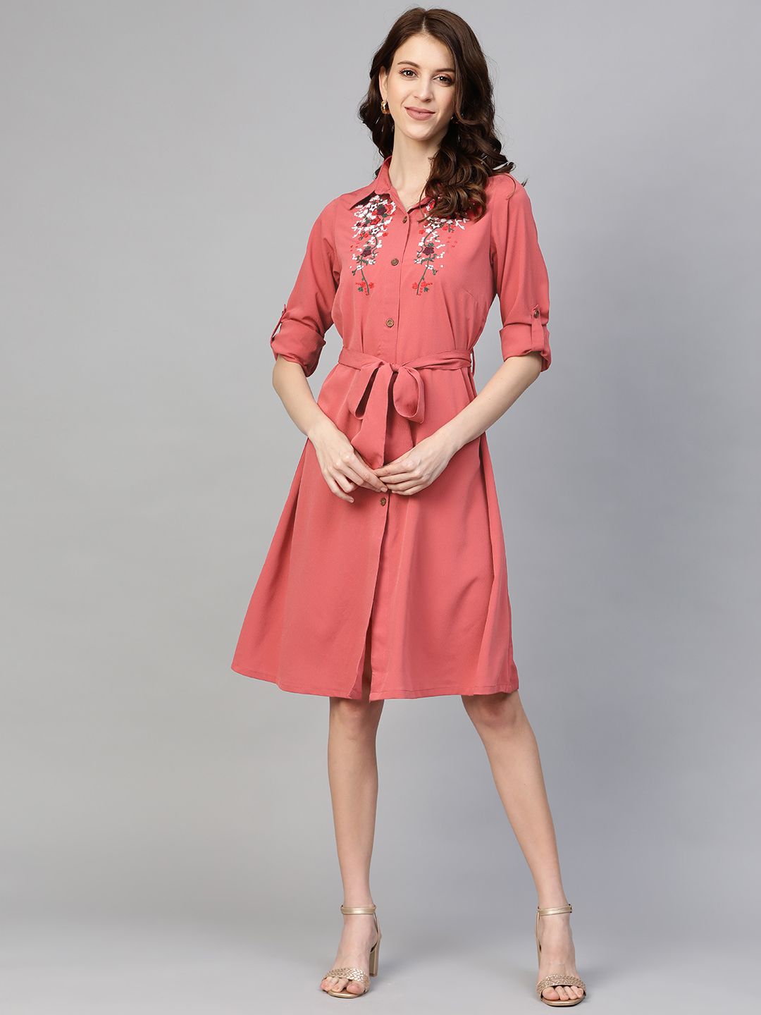 plusS Women Pink Embroidered Detail Shirt Dress Price in India
