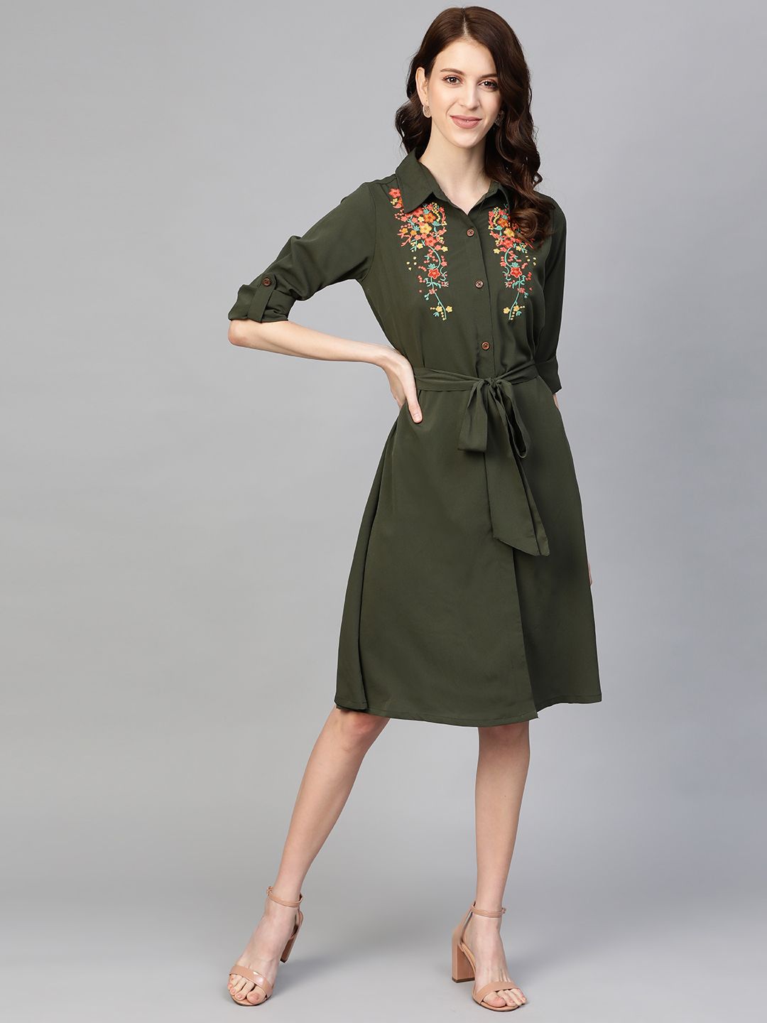 plusS Women Olive Green Solid Shirt Dress with Embroidered Detail & Belt Price in India