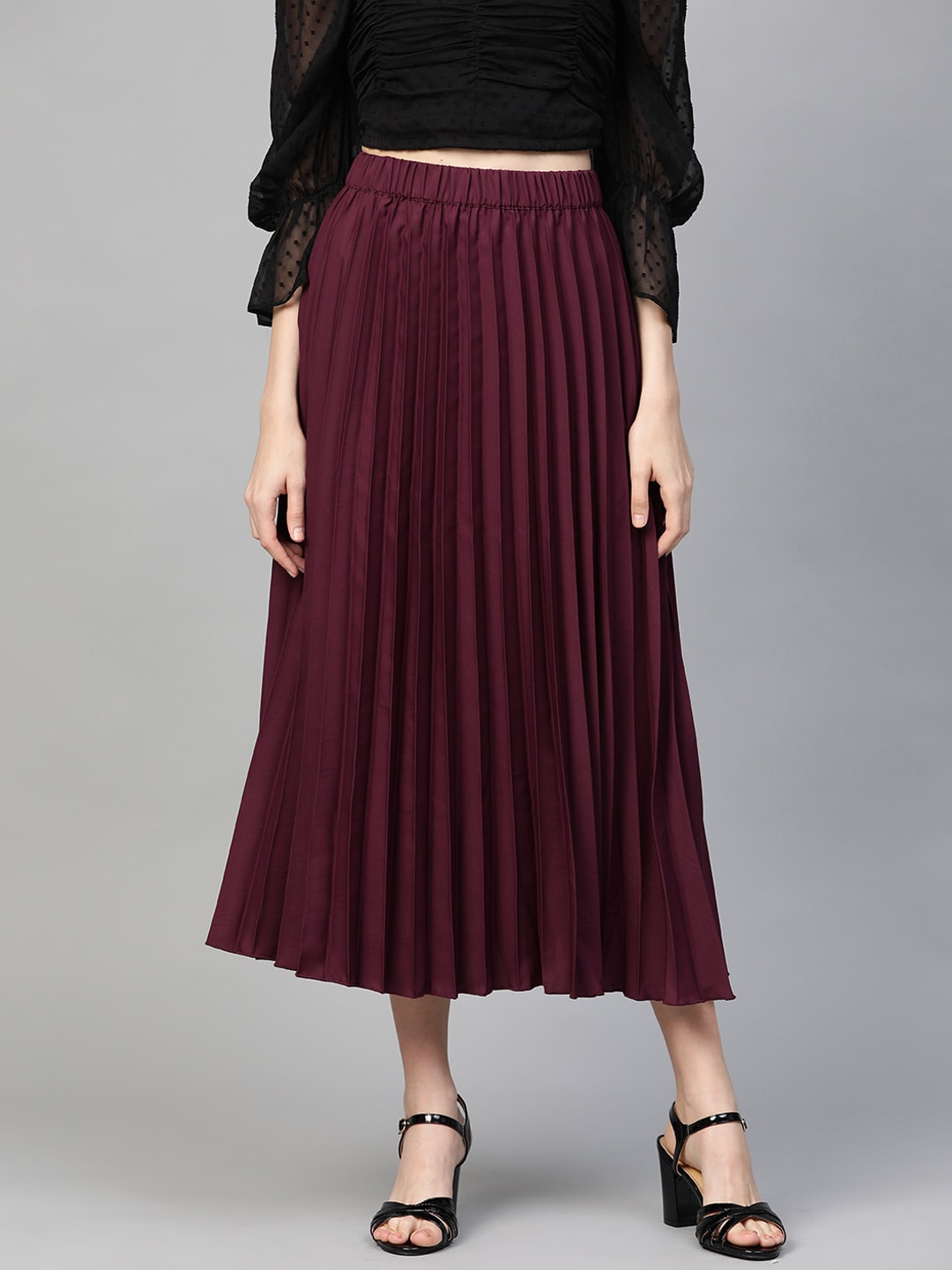 plusS Burgundy Accordion Pleated A-Line Skirt Price in India
