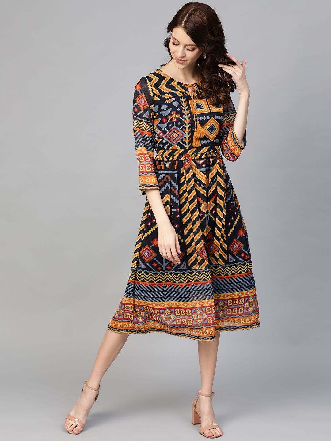 plusS Women Navy Blue & Yellow Geometric Printed Midi A-Line Dress