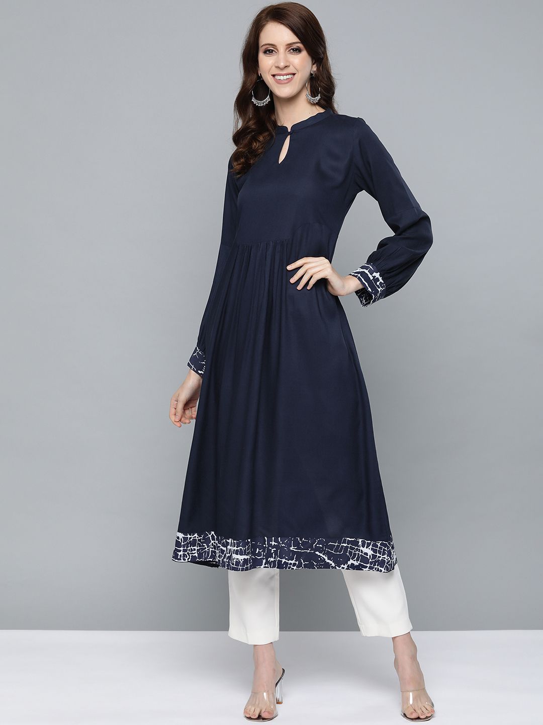 HERE&NOW Women Navy Blue Solid A-Line Kurta