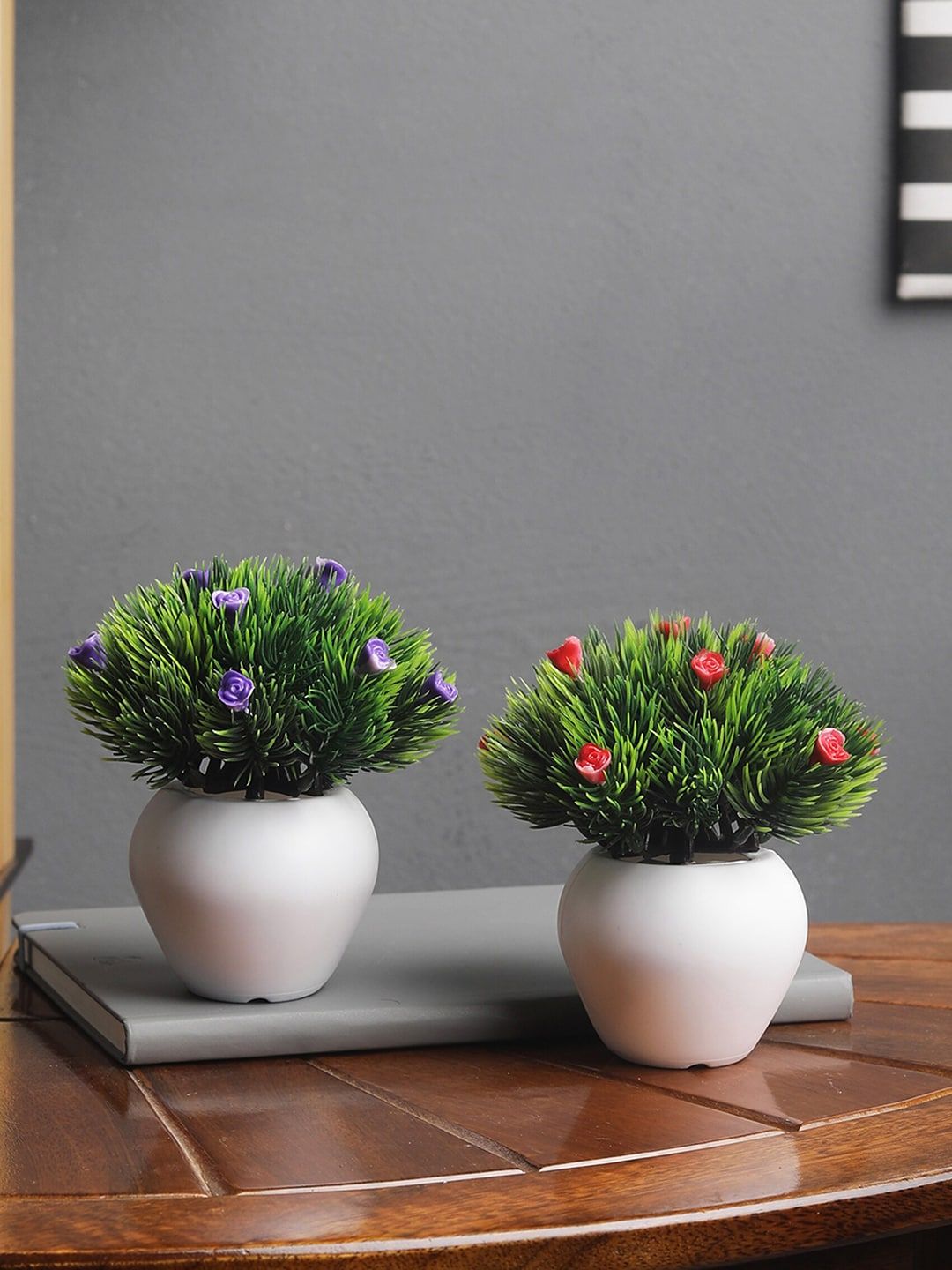 FOLIYAJ Set Of 2 Red & Blue Artifical Flower Plants With Pine Leaves & White Pots Price in India