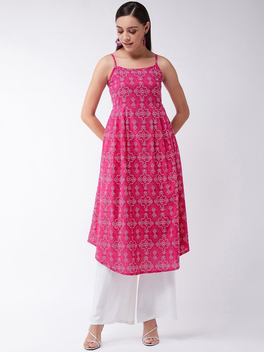 InWeave Women Pink & White Bandhini Printed A-Line Kurta Price in India