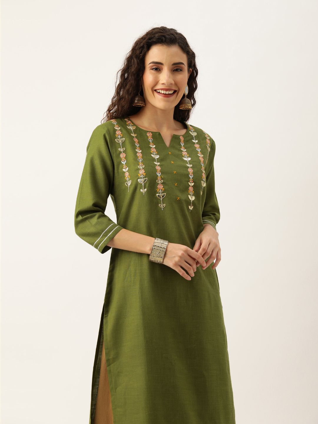 Varanga Women Olive Green & Peach-Coloured Solid Straight Kurta with Embroidered Details Price in India