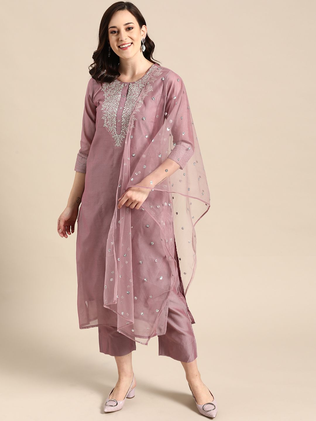 Varanga Women Mauve Zari Yoke Design Chanderi Silk Kurta with Trousers & Dupatta