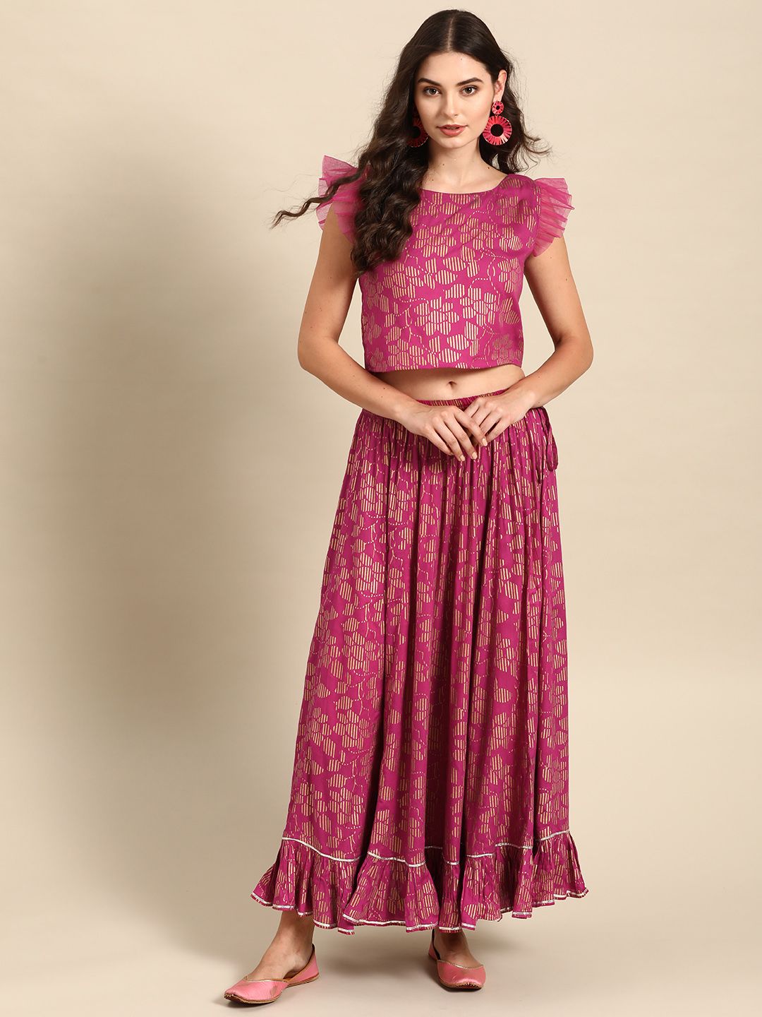 Varanga Women Pink & Gold-Toned Printed Top with Skirt Price in India