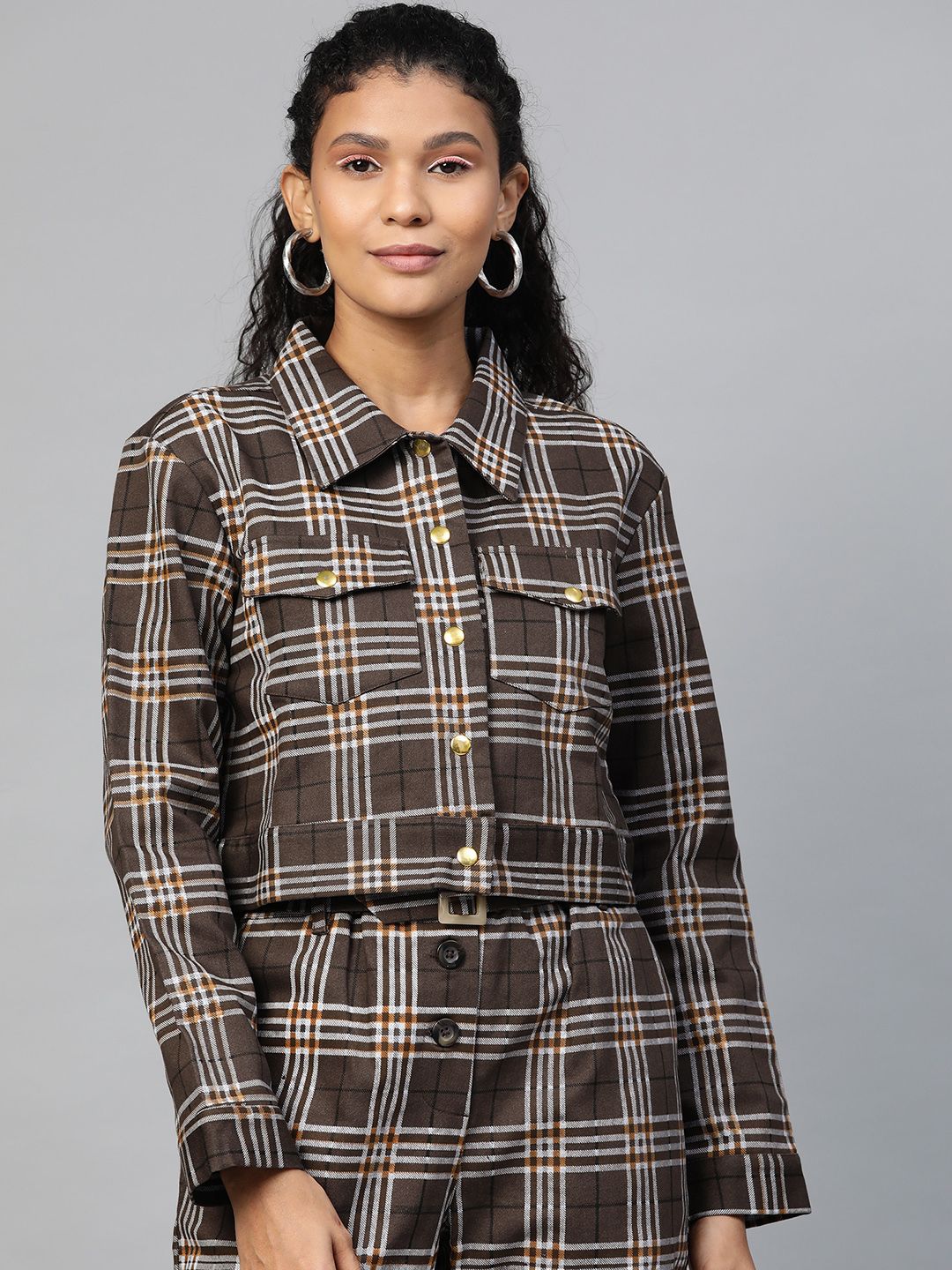 SASSAFRAS Women Brown & White Twill Weave Checked Crop Tailored Jacket Price in India