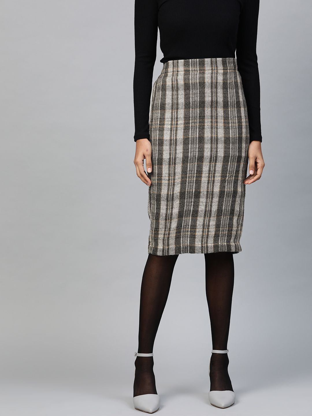 SASSAFRAS Women Grey Jacquard Checked Straight Skirt