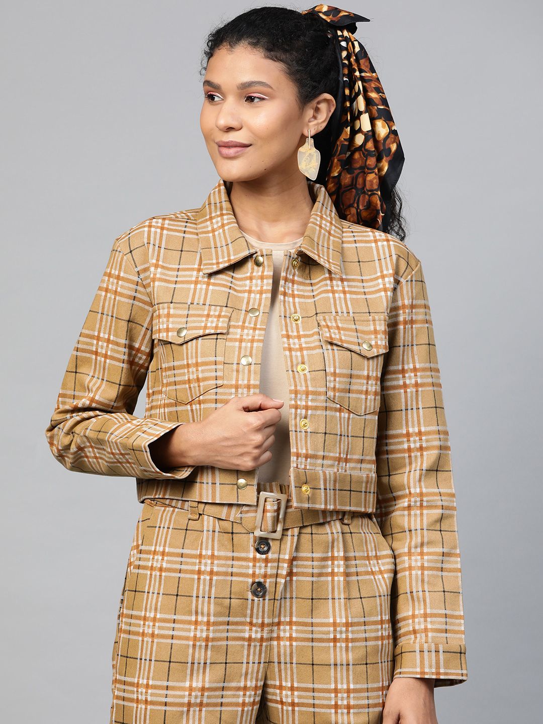 SASSAFRAS Women Khaki & Off-White Twill Weave Checked Crop Tailored Jacket Price in India