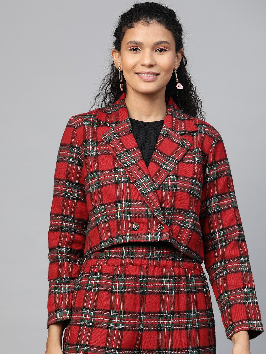 SASSAFRAS Women Red & Green Comfort Fit Checked Double Breasted Casual Crop Blazer Price in India