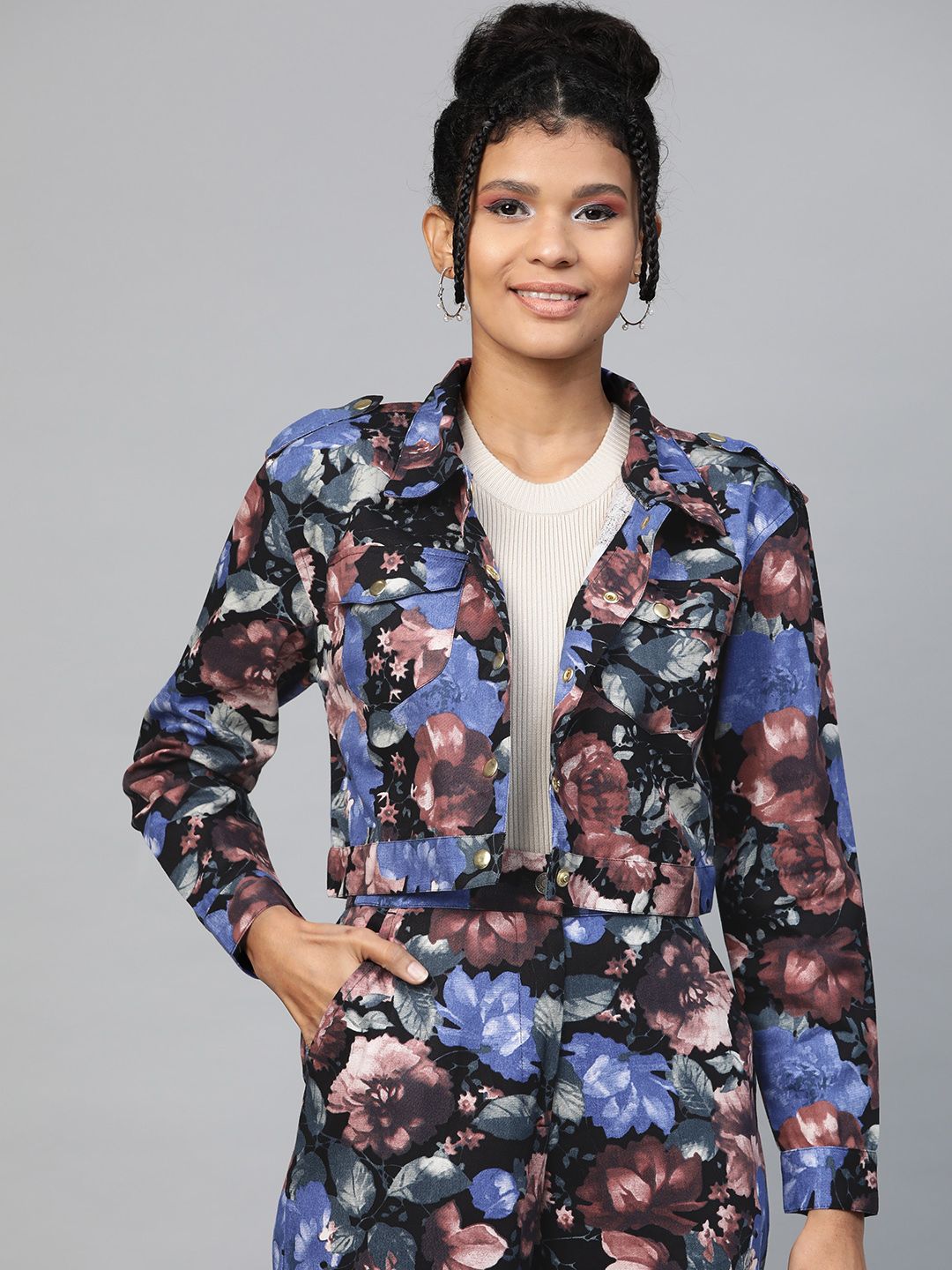 SASSAFRAS Women Blue & Black Floral Print Cropped Tailored Jacket Price in India