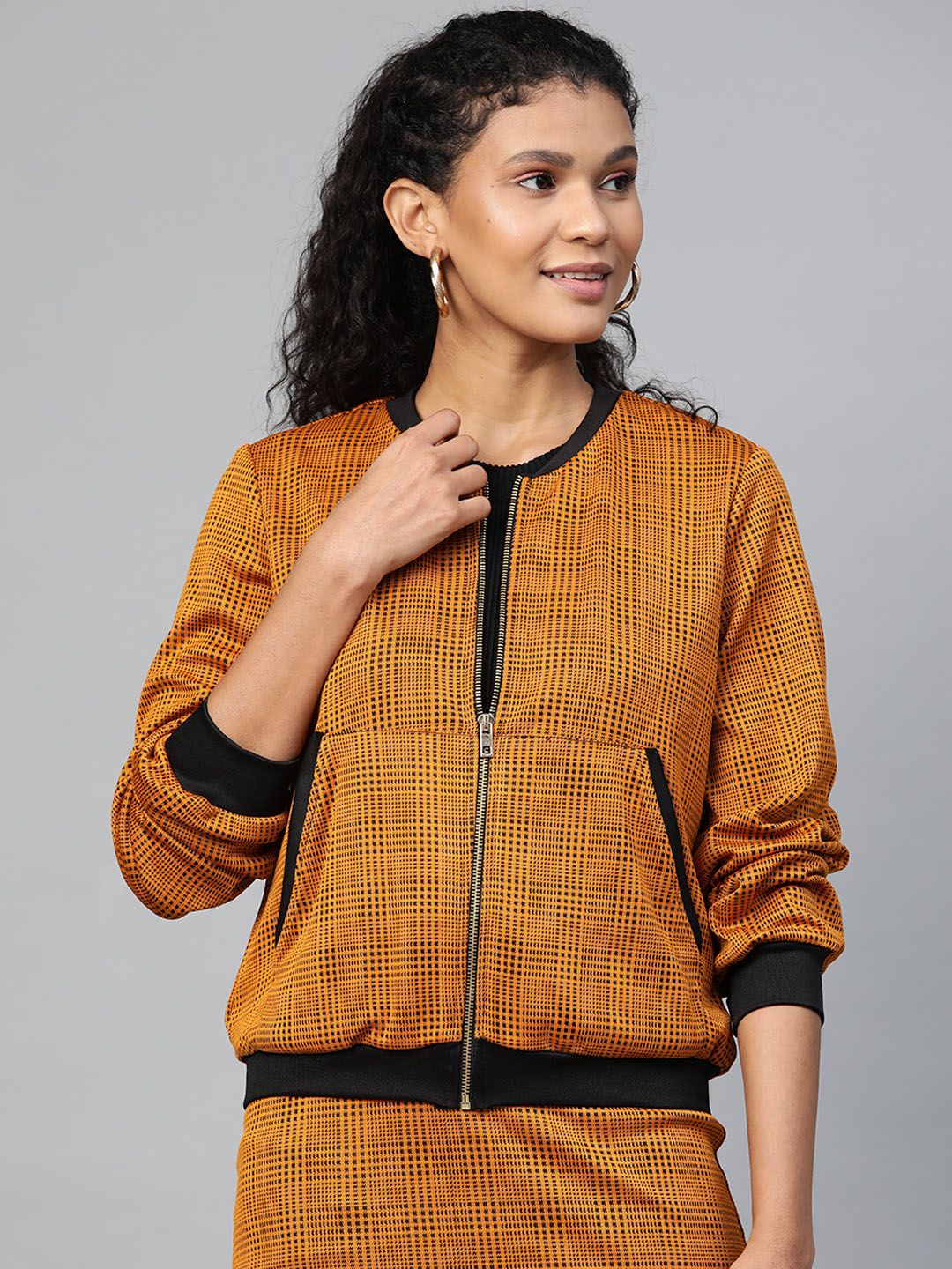 SASSAFRAS Women Mustard Yellow & Black Self Checked Tailored Jacket Price in India