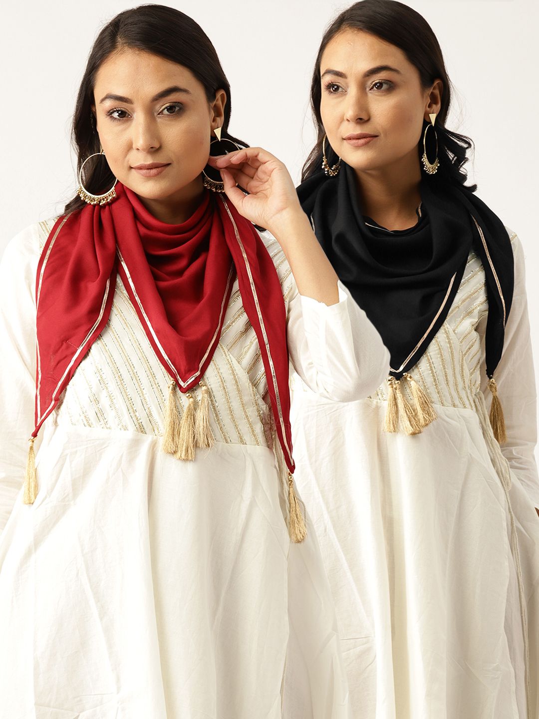 Shae by SASSAFRAS Women Pack of 2 Solid Tasselled Scarves Price in India