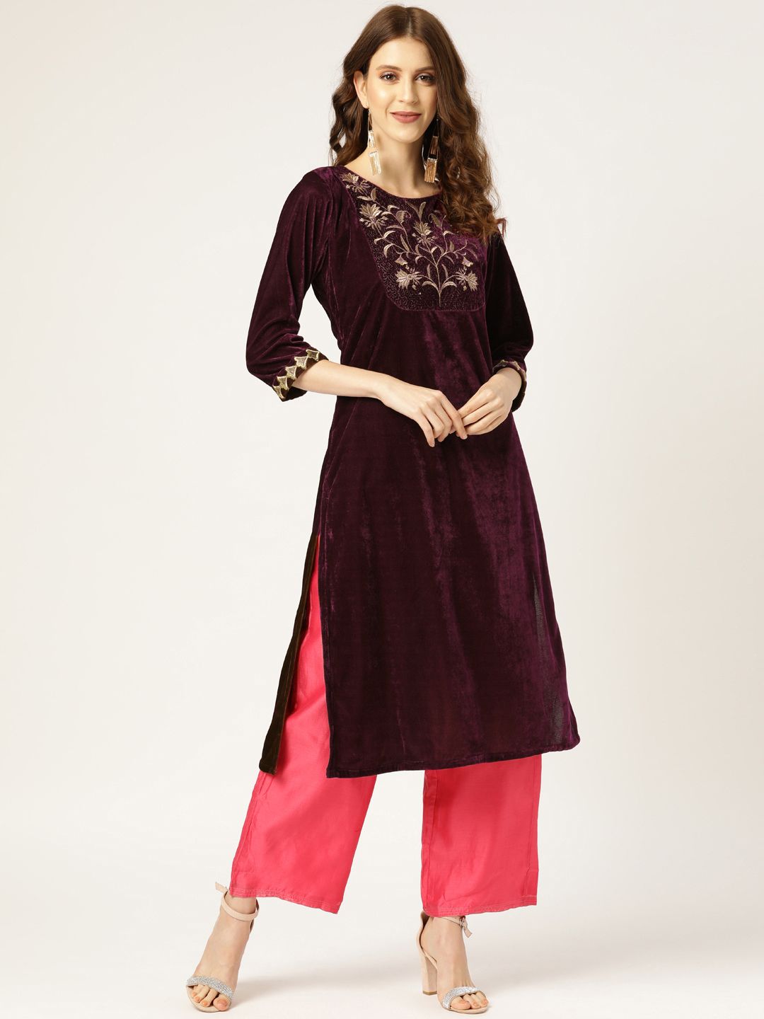 Shae by SASSAFRAS Women Purple Yoke Design Velvet Finish Straight Kurta Price in India