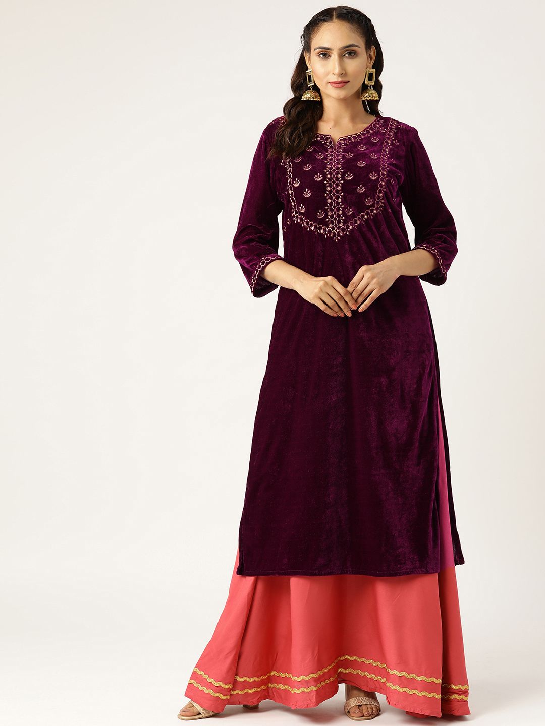 Shae by SASSAFRAS Women Purple & Golden Embroidered Yoke Design Velvet Straight Kurta Price in India
