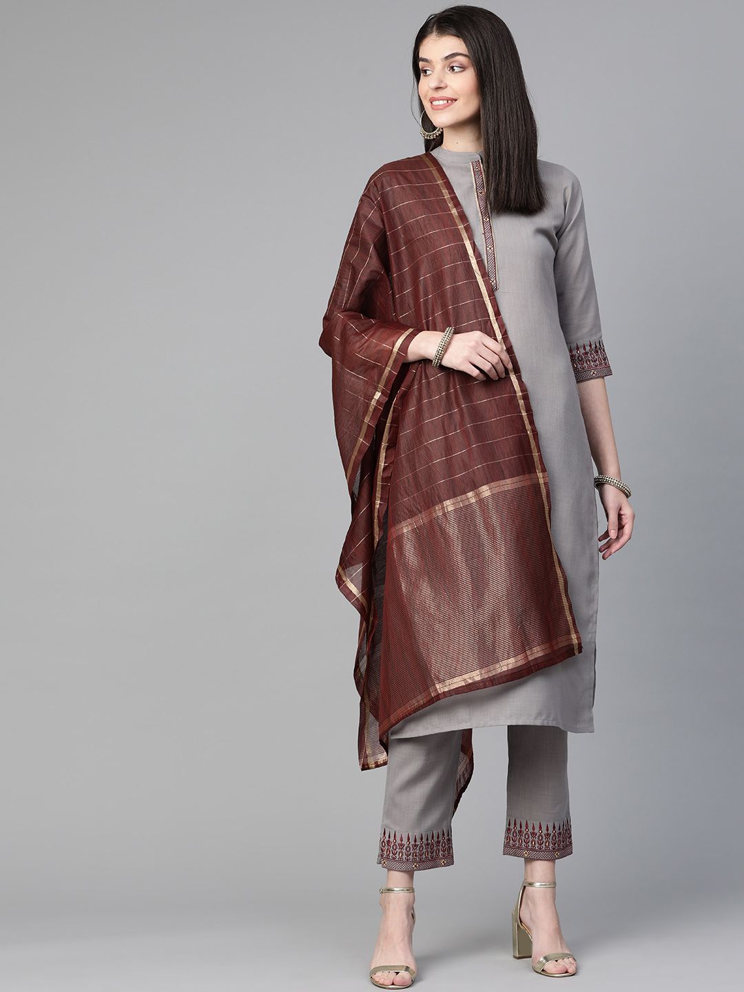 Indo Era Women Grey & Brown Solid Kurta with Trousers & Dupatta Price in India