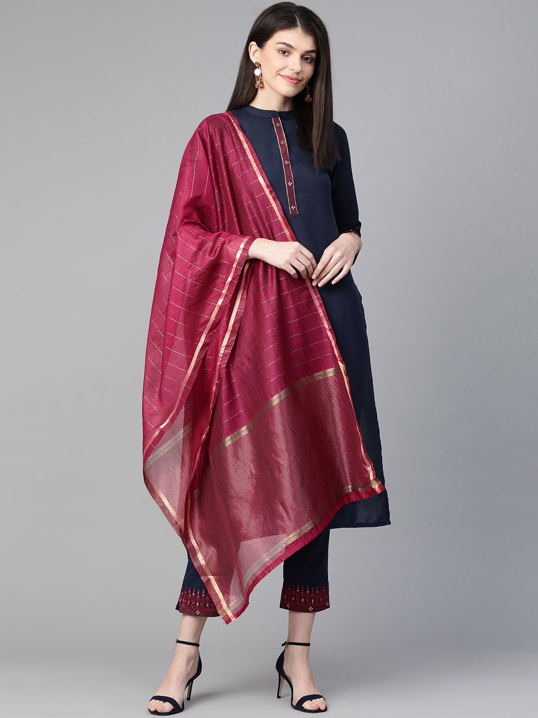 Indo Era Women Navy Blue & Maroon Solid Kurta with Trousers & Dupatta Price in India