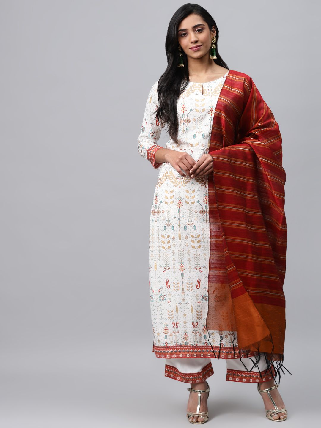 Indo Era Women White & Golden Foil Printed Kurta with Palazzos & Dupatta Price in India