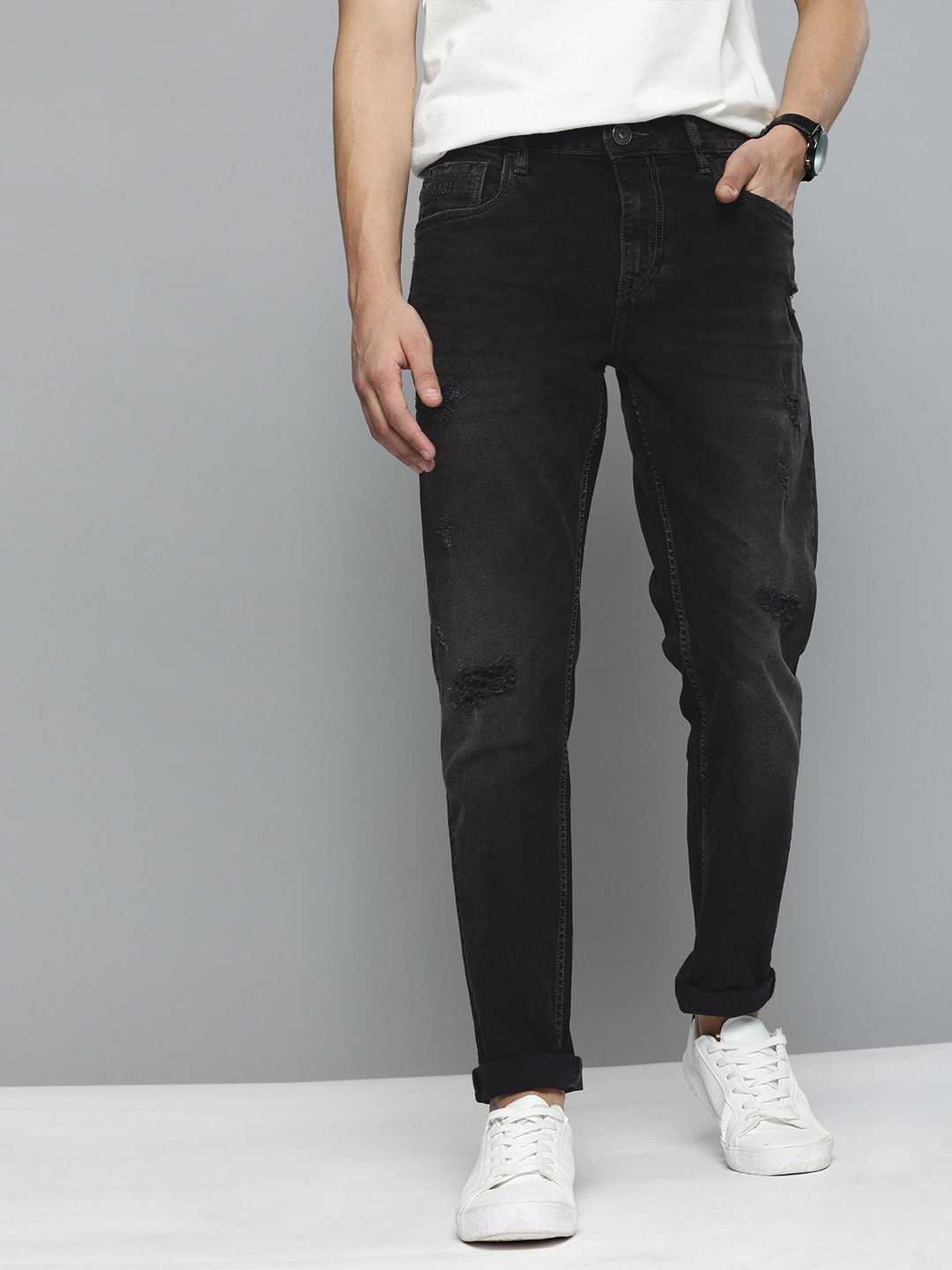 Mast & Harbour Men Black Slim Tapered Fit Mid-Rise Clean Look Stretchable Jeans