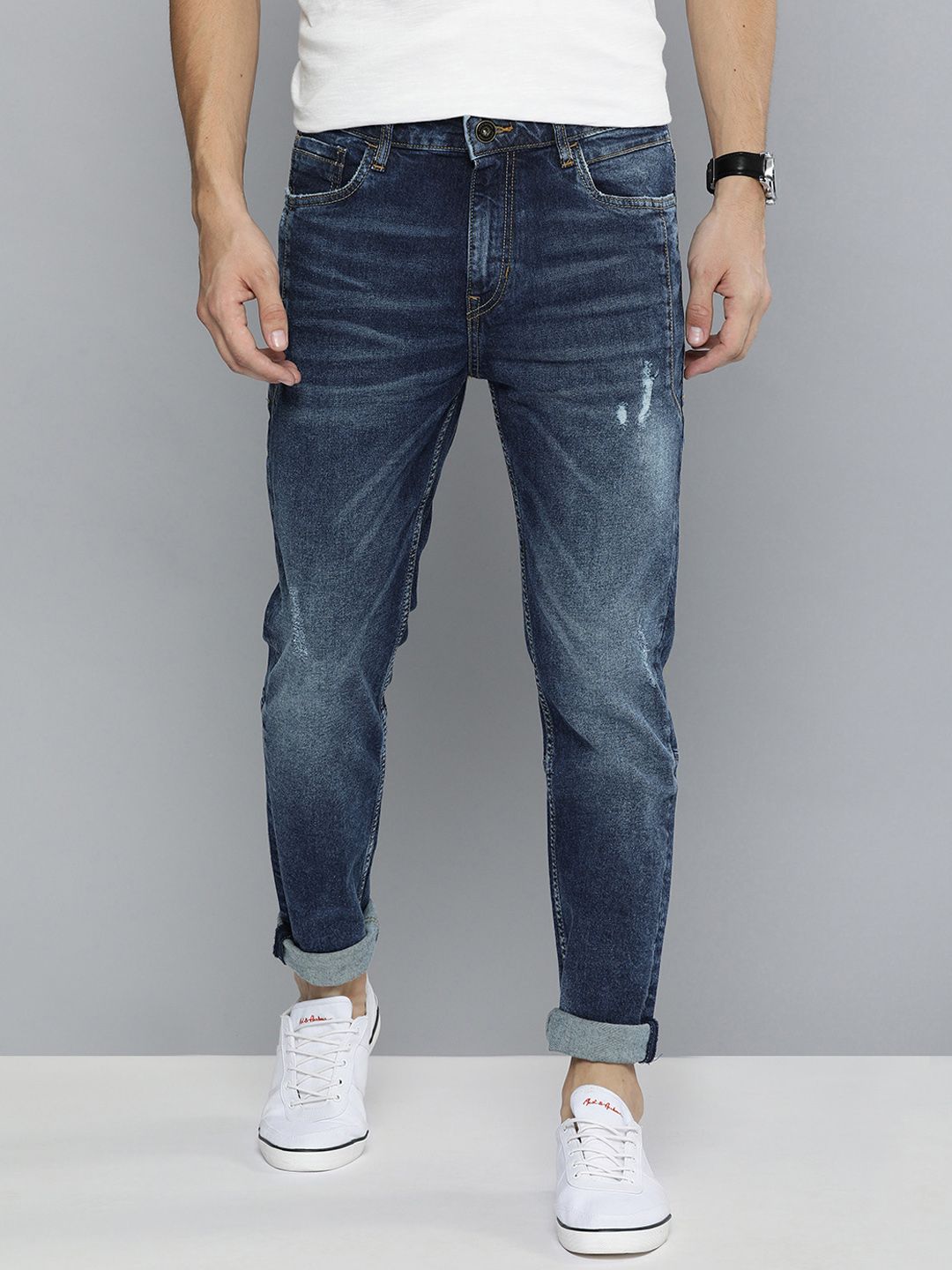 Men Slim Tapered Fit Jeans Mast & Harbour Men Blue Slim Tapered Fit Mid-Rise Low Distress Stretchable Jeans
