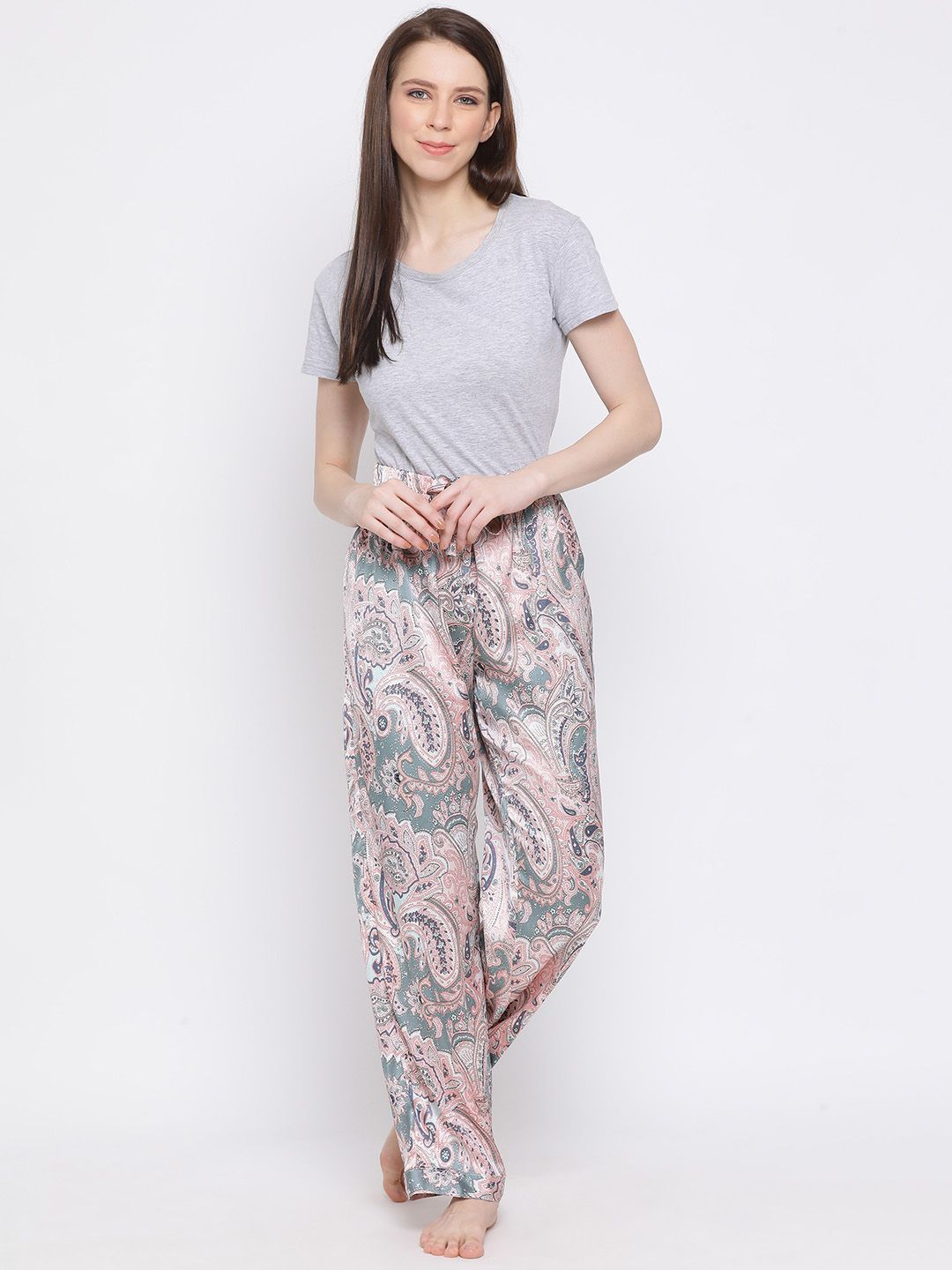 Oxolloxo Women Pink & Blue Paisley Printed Satin Lounge Pants Price in India
