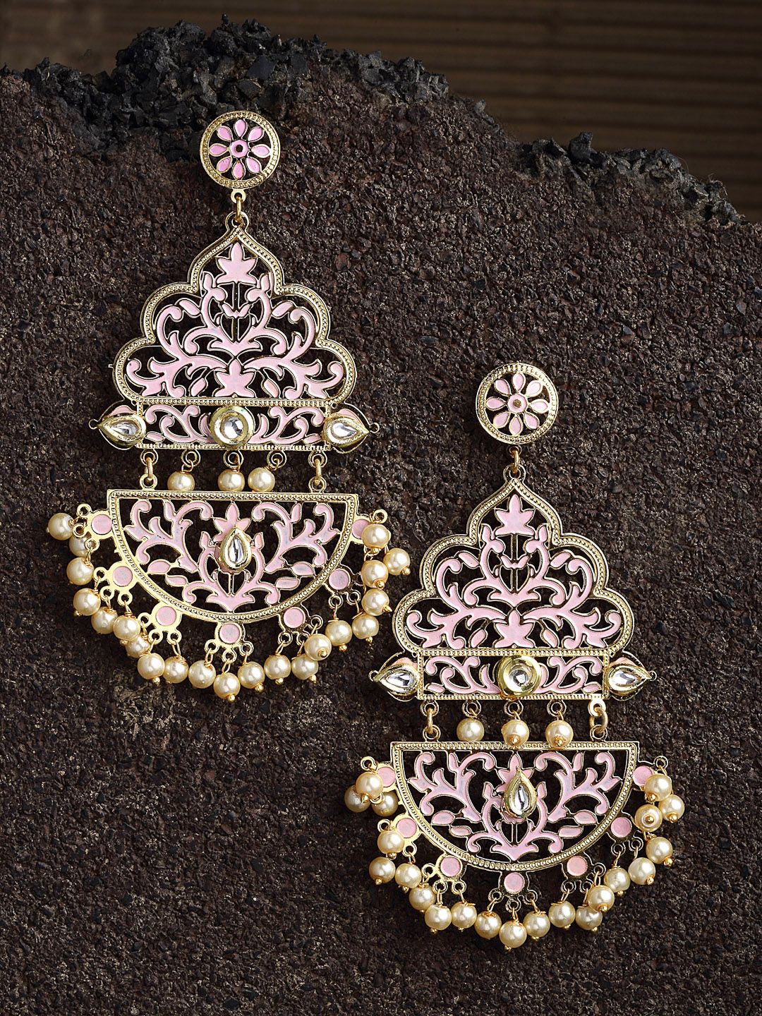 PANASH Gold-Plated & Pink Kundan Classic Drop Earrings Price in India