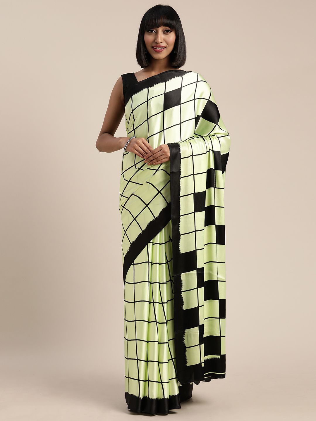 Pisara Green & Black Satin Checked Saree