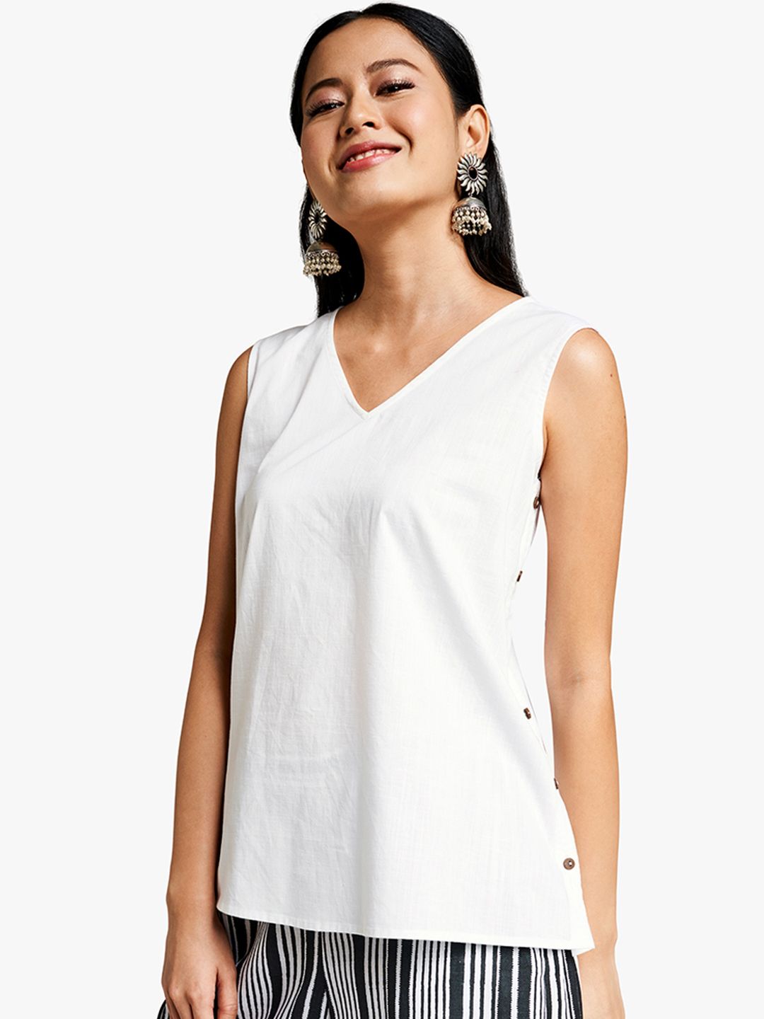 Global Desi Women White Solid Pure Cotton Top