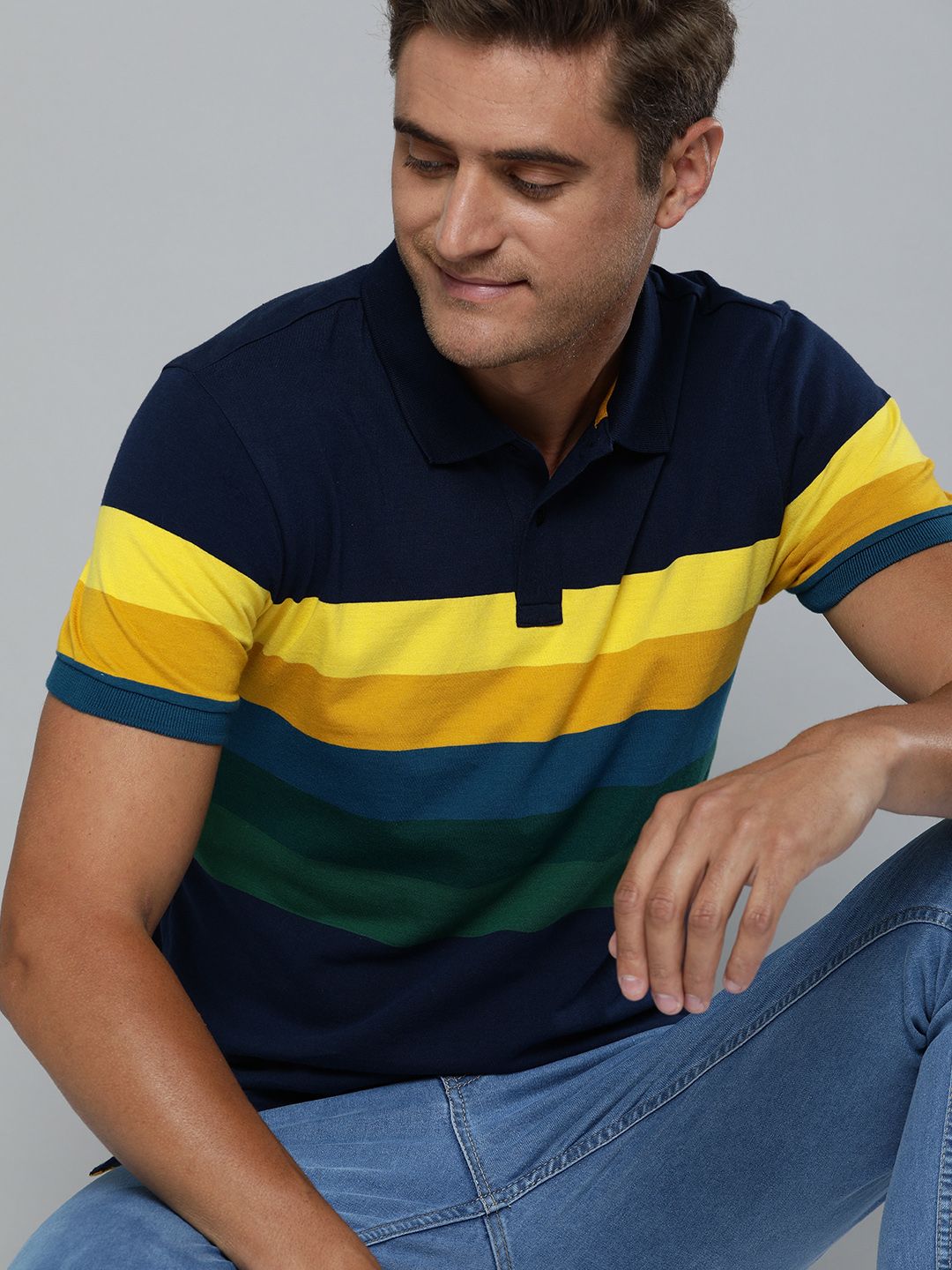 Mast & Harbour Men Navy Blue & Mustard Yellow Striped Polo Collar T-shirt