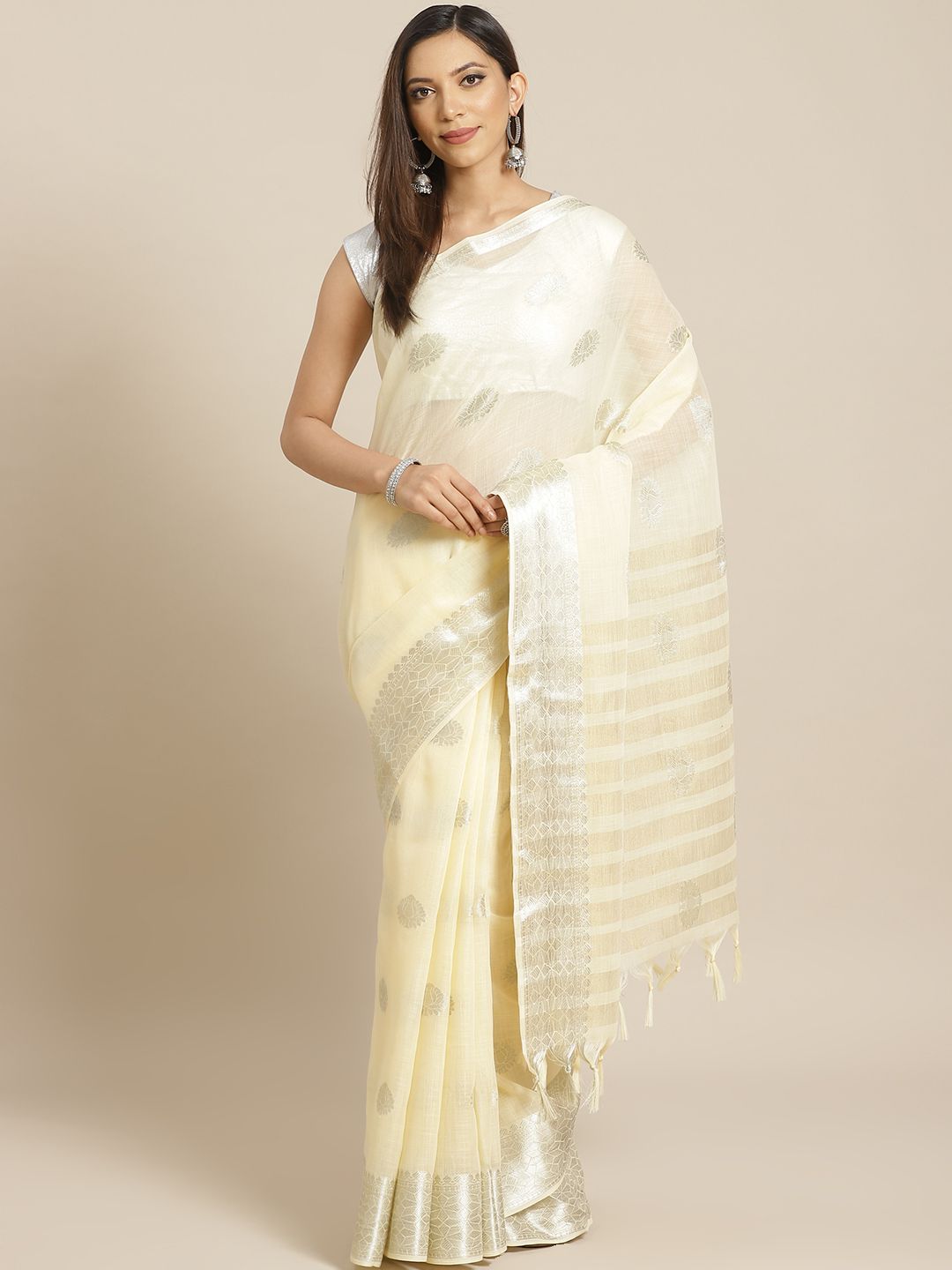 Mitera Off-White & Golden Zari Woven Design Saree Price in India