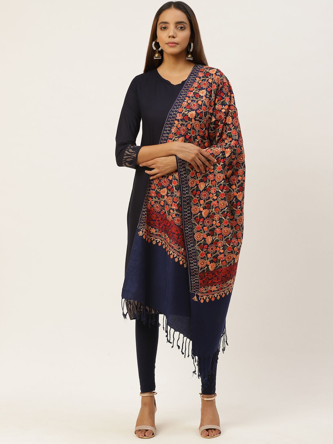 Anekaant Women Navy Blue & Peach-Coloured Floral Embroidered Shawl Price in India